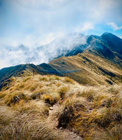 A tussock ridgeline climbing into cloud on a bluebird day, the trail worn through the grass.