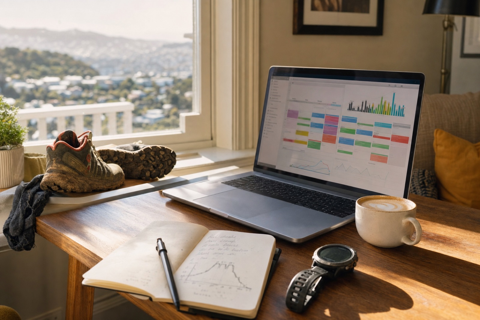 The online coaching desk: your splits, a flat white, and shoes that have seen things.